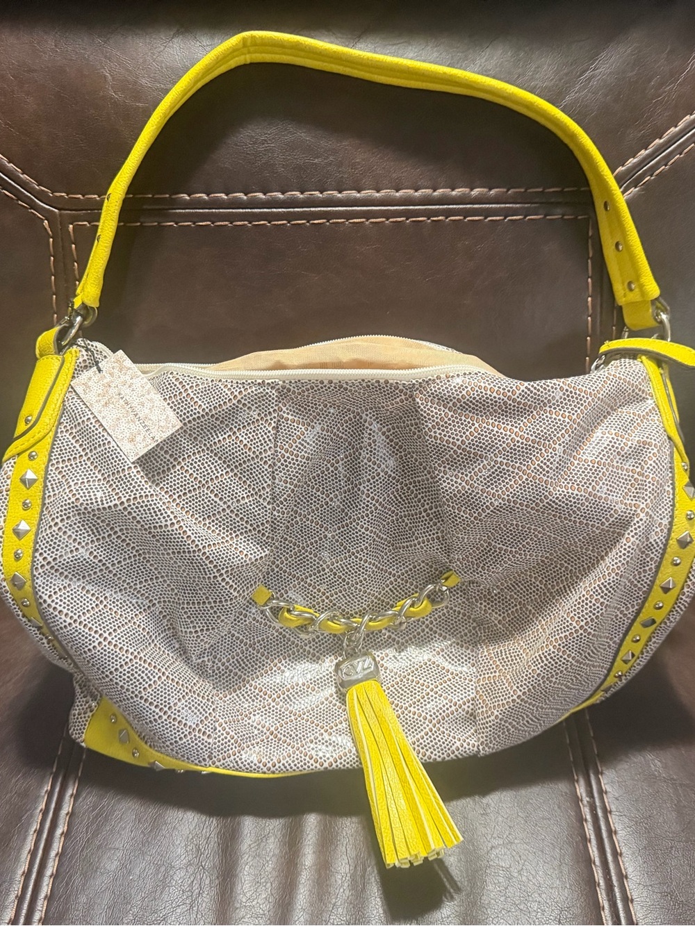 Kathy Van Zeeland Neutral Textured Shoulder Hobo with Yellow Trim